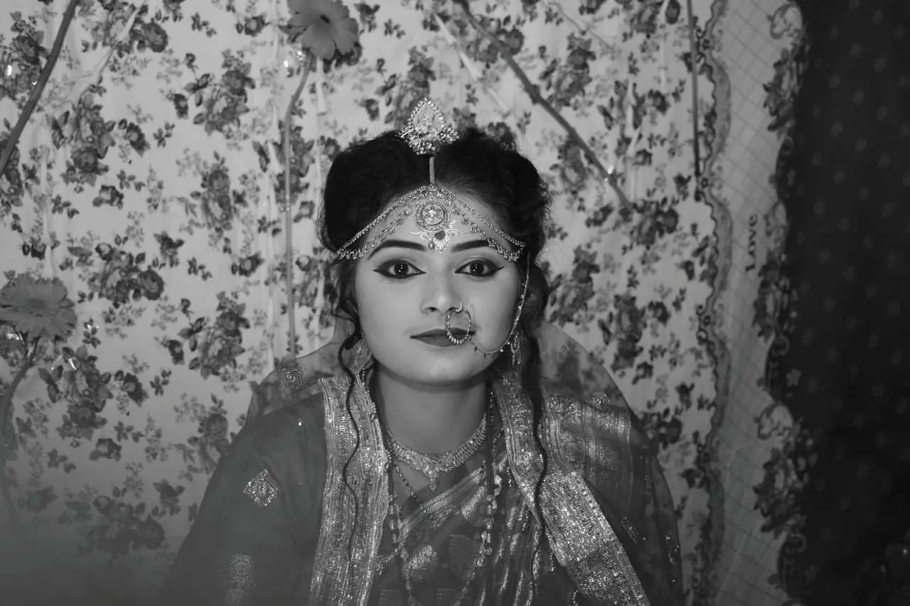 black & white image of a newly married girl